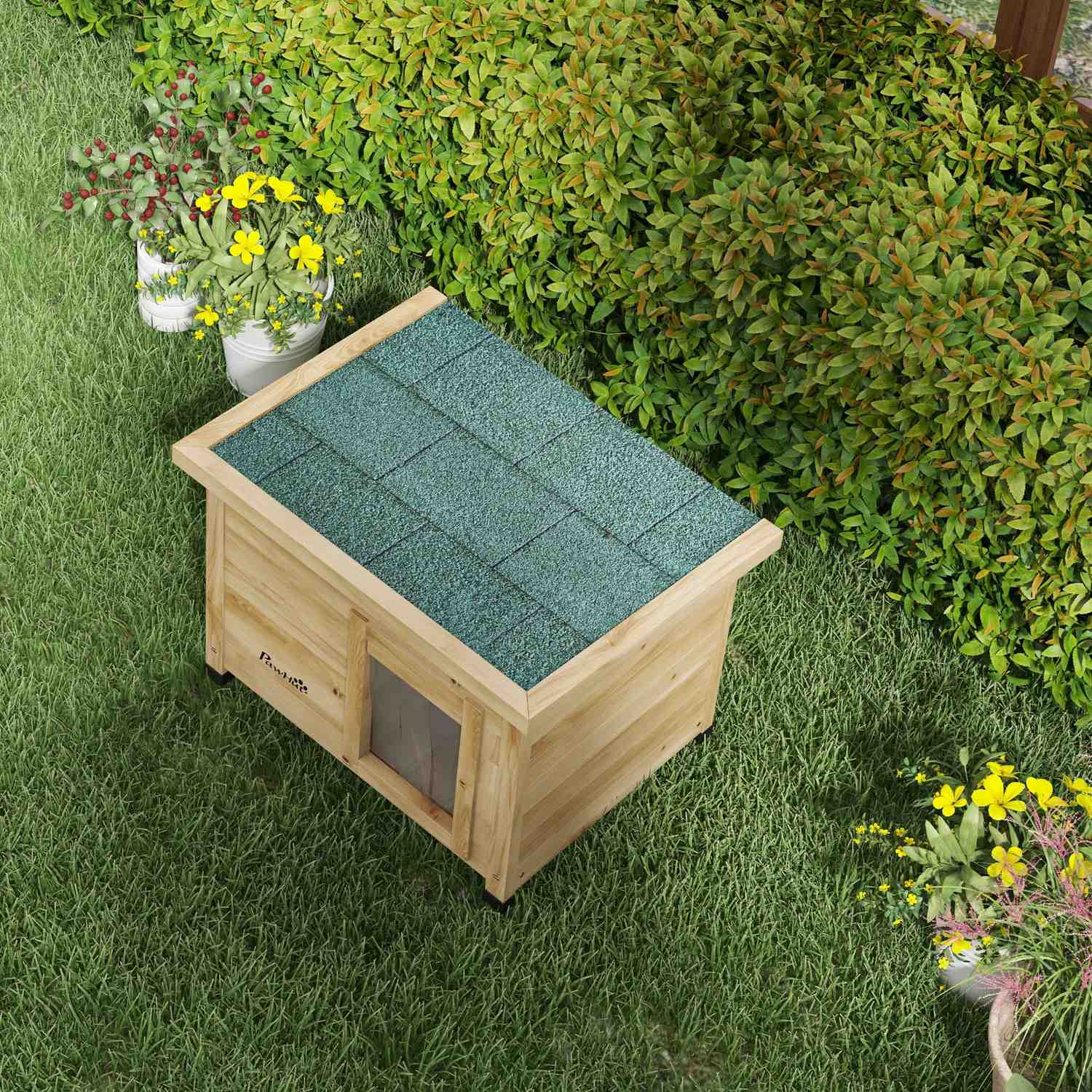 Utomhus Katthus i trä med Dörrgardin, 57x45x43 cm