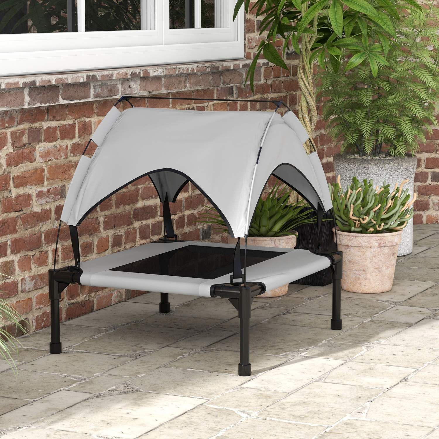 Utomhus förhöjd hundsäng med kapell, tyg som andas