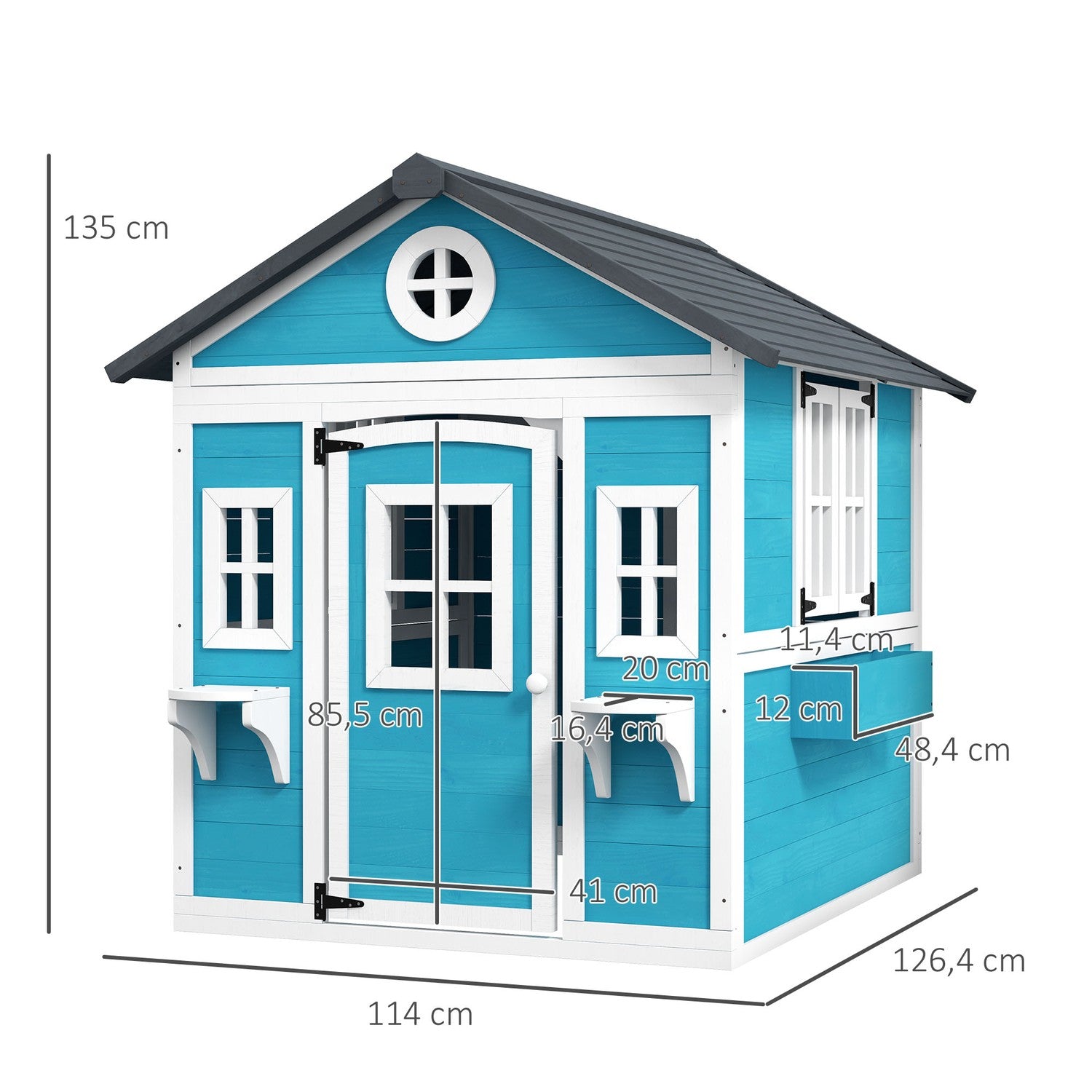 Utomhuslekstuga i trä med fönster och blomsterhylla för barn