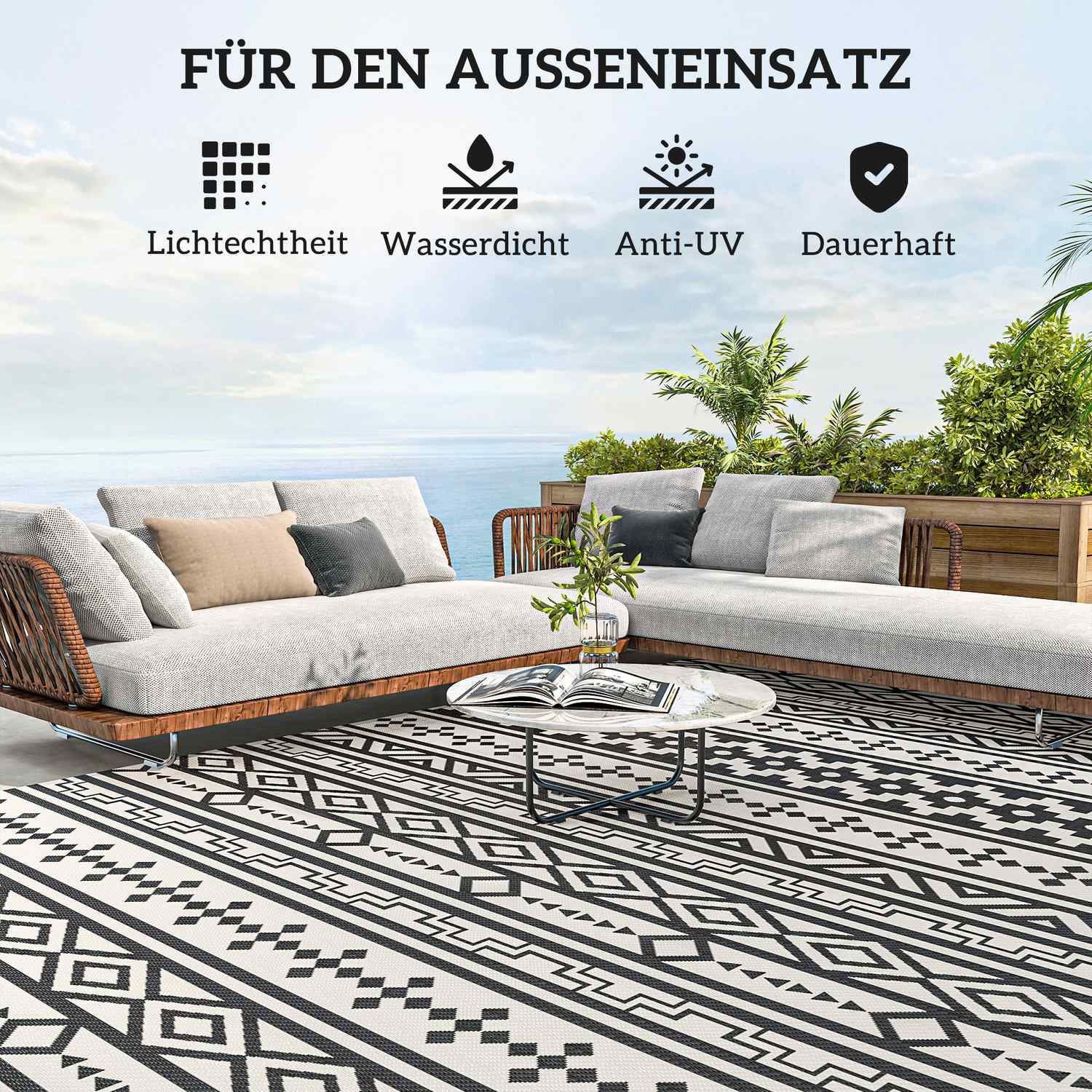 Väderbeständig utomhusmatta – Vikbar svartvit, 548x274 cm