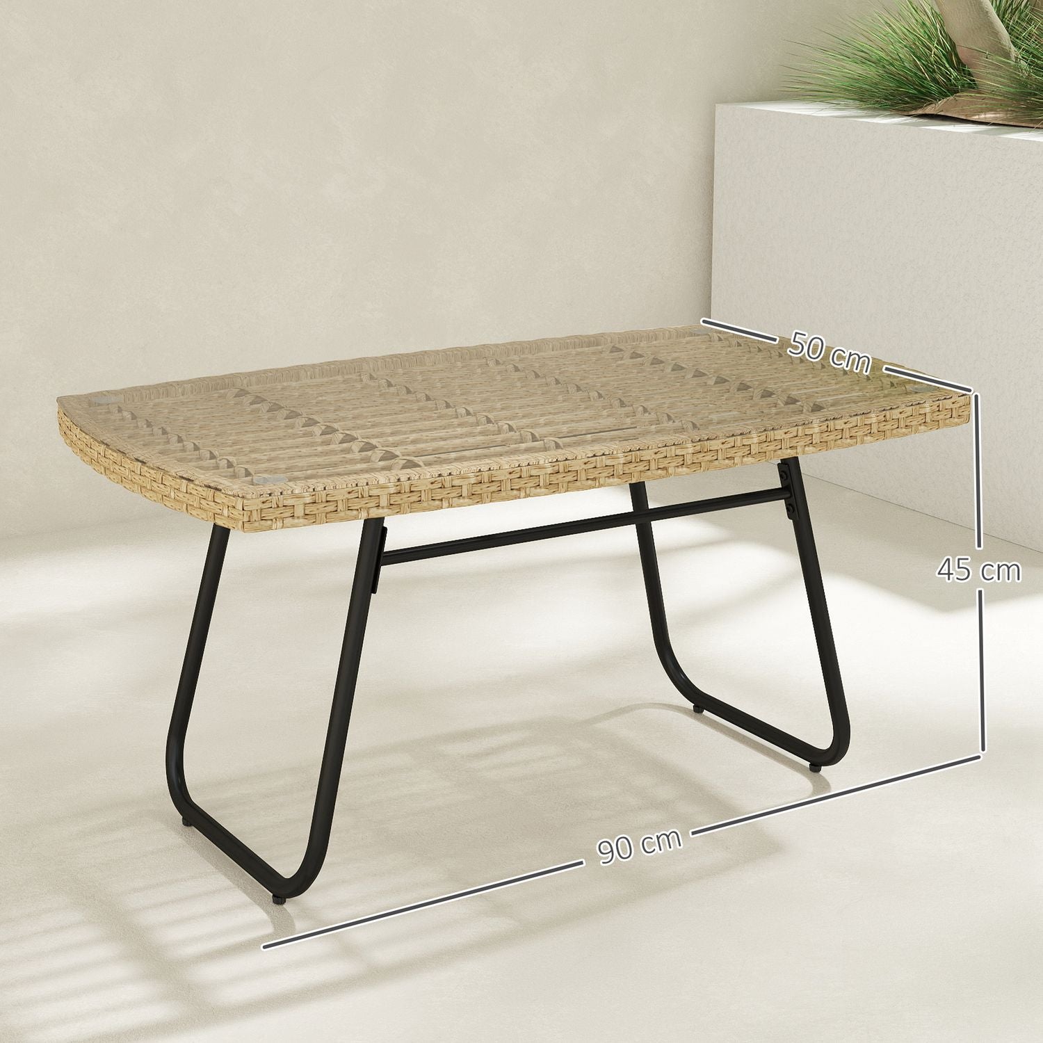 Utomhus polyrattan sidobord, UV-beständig, glasskiva