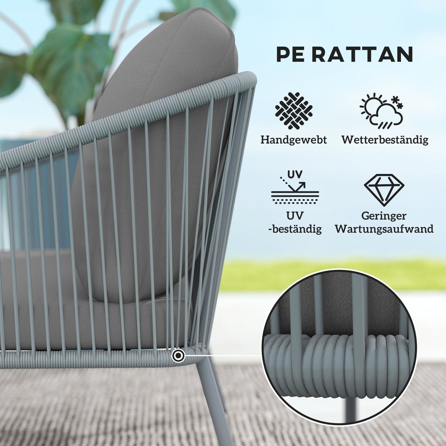 Utomhus rotting 2-sits soffa med kuddar, grå