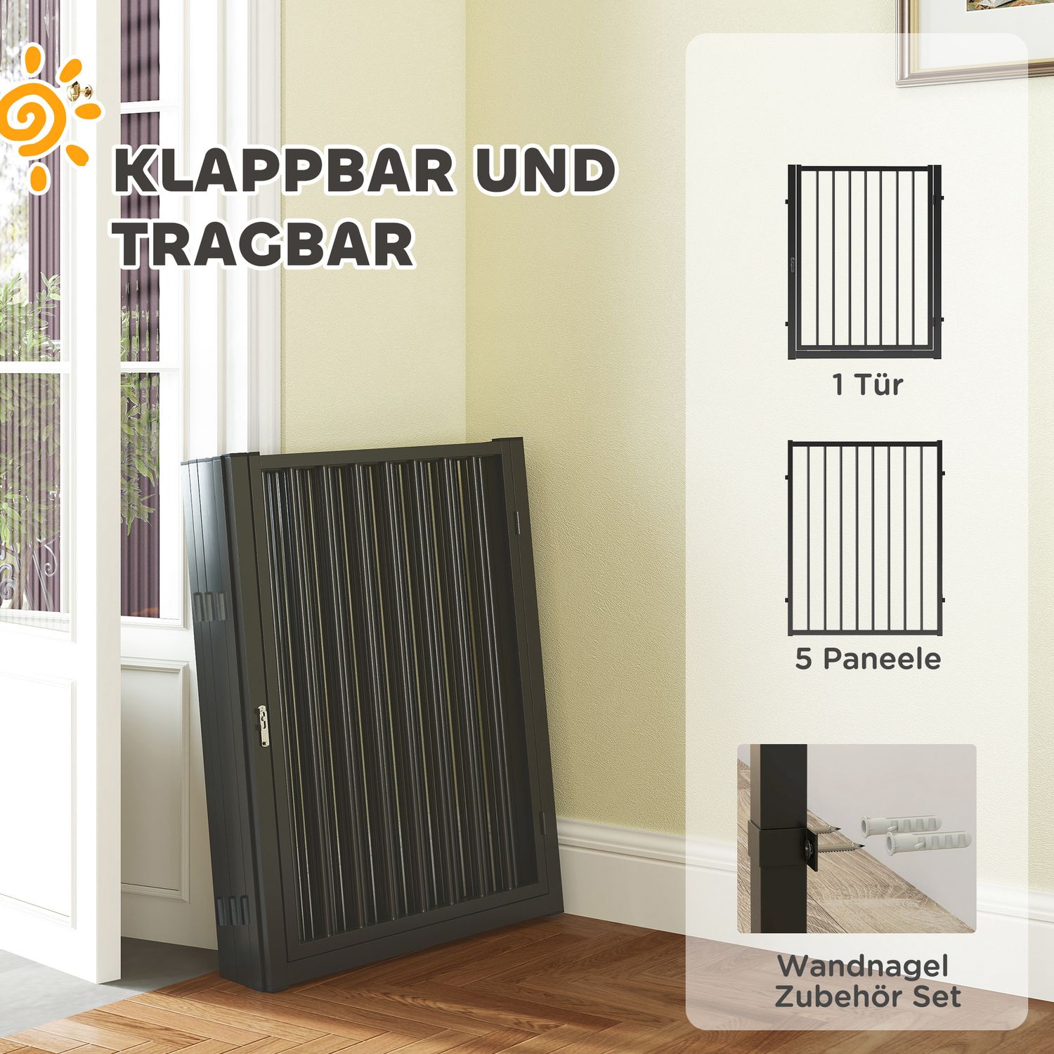 Valplekhage med dörr, svart stål, 6 paneler, 76 cm hög