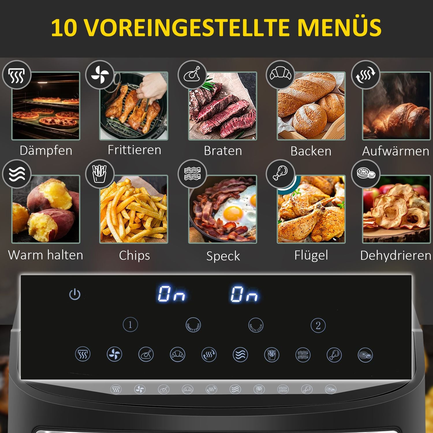 8L dubbelkammarluftfritös, 10 program, oljefri, svart