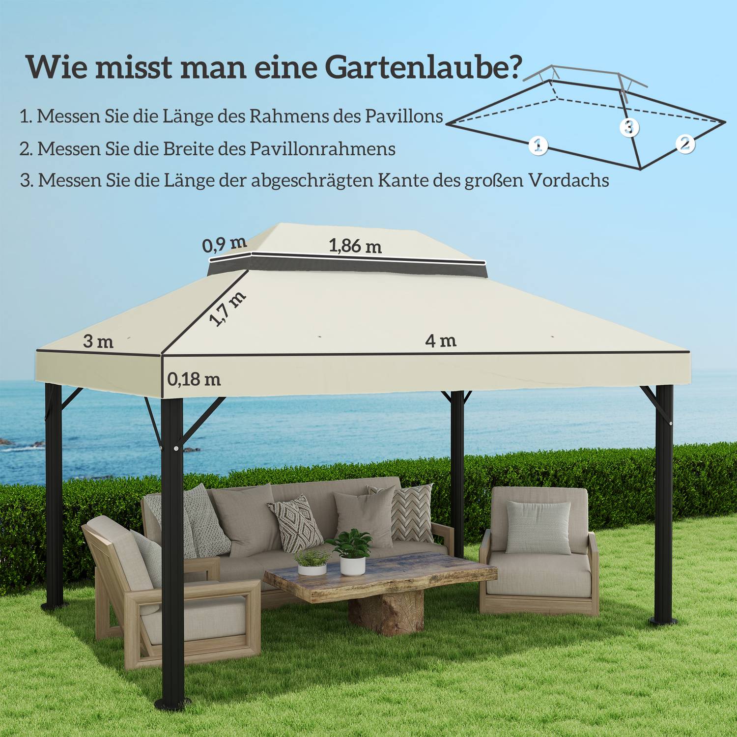 Vattentät Garden Gazebo Takbyte 3 x 4 m, Krämvit