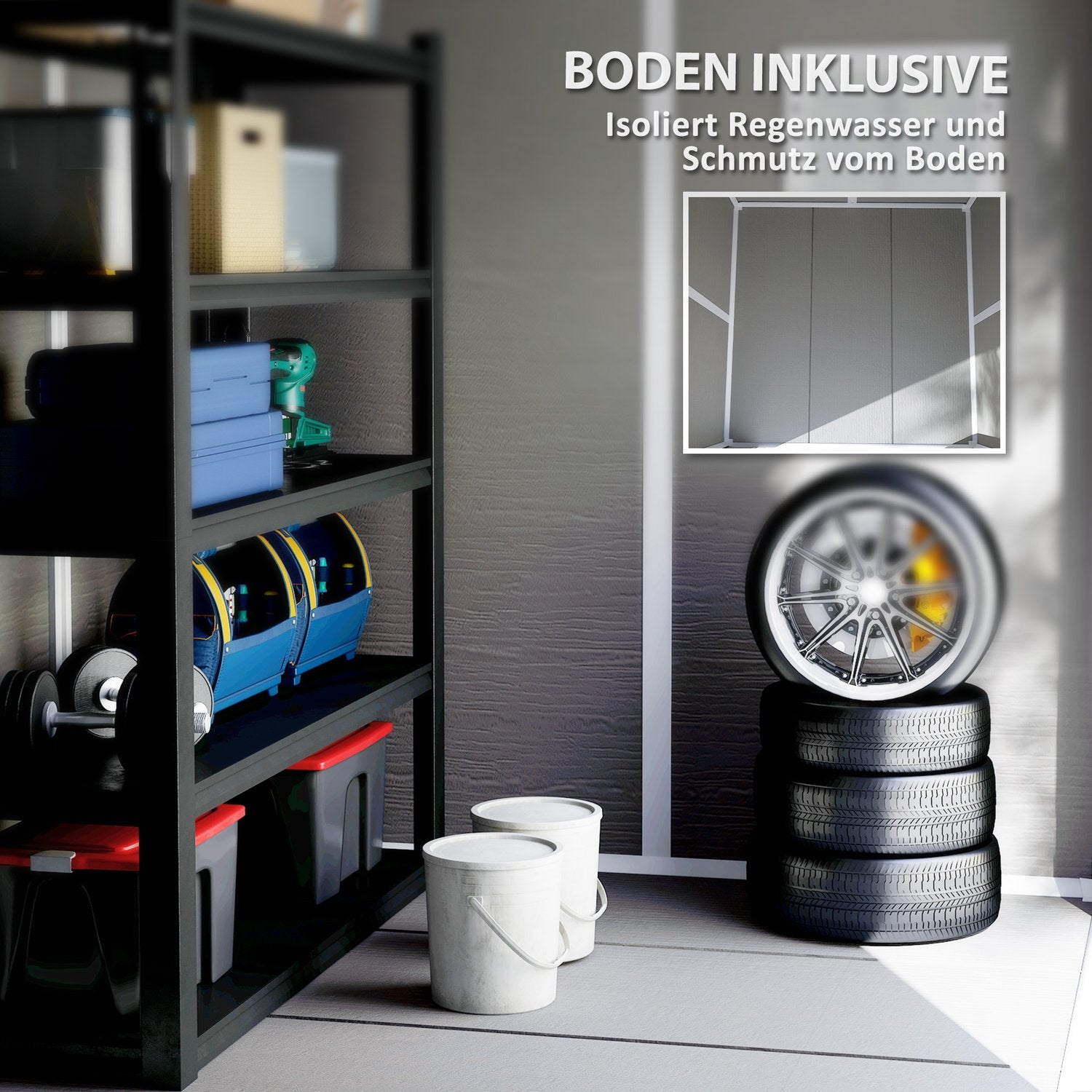 Vattentät redskapsbod i aluminium med golv och låsbar dörr