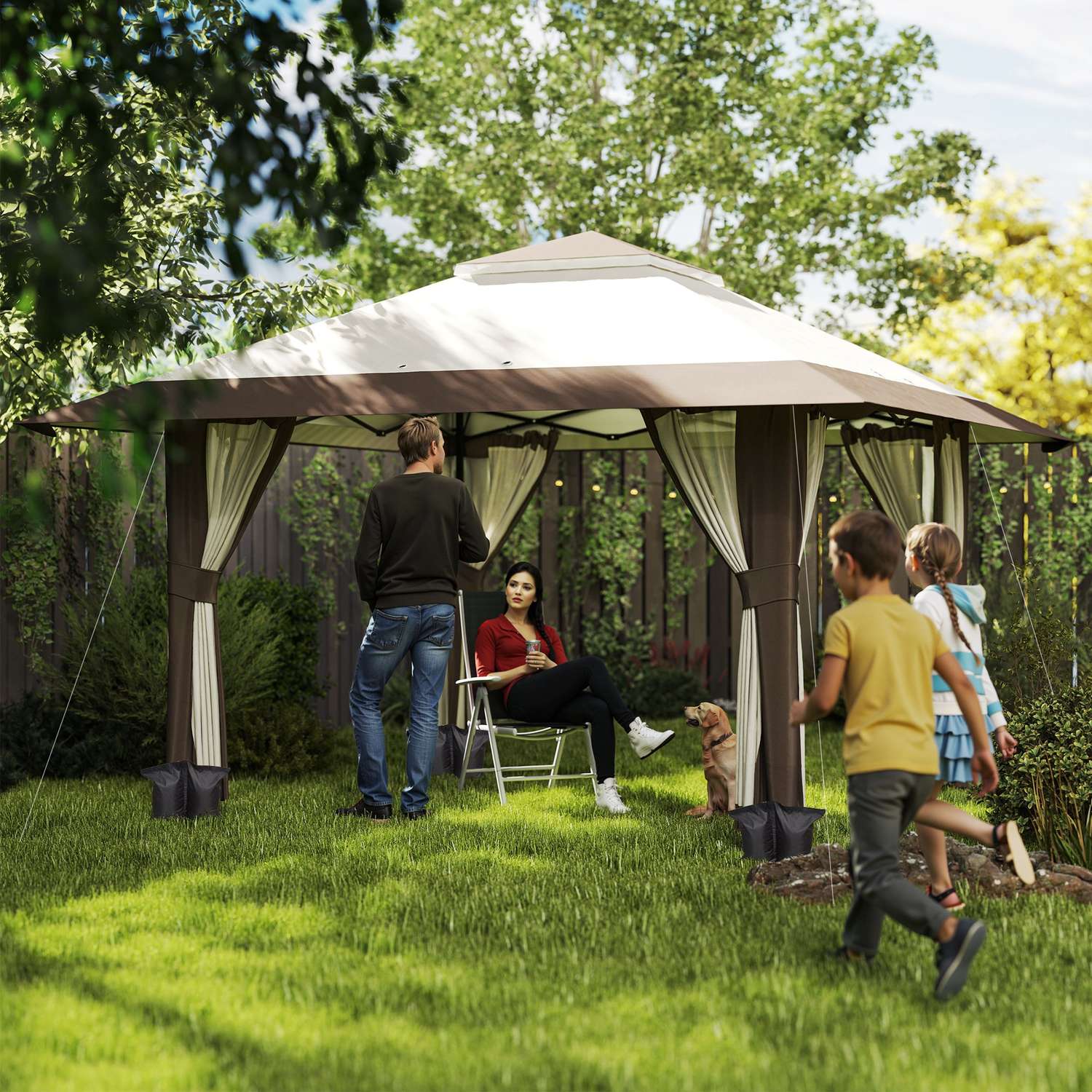 Vattentätt 4x4 m popup-lusthus med nätväggar och UV-skydd