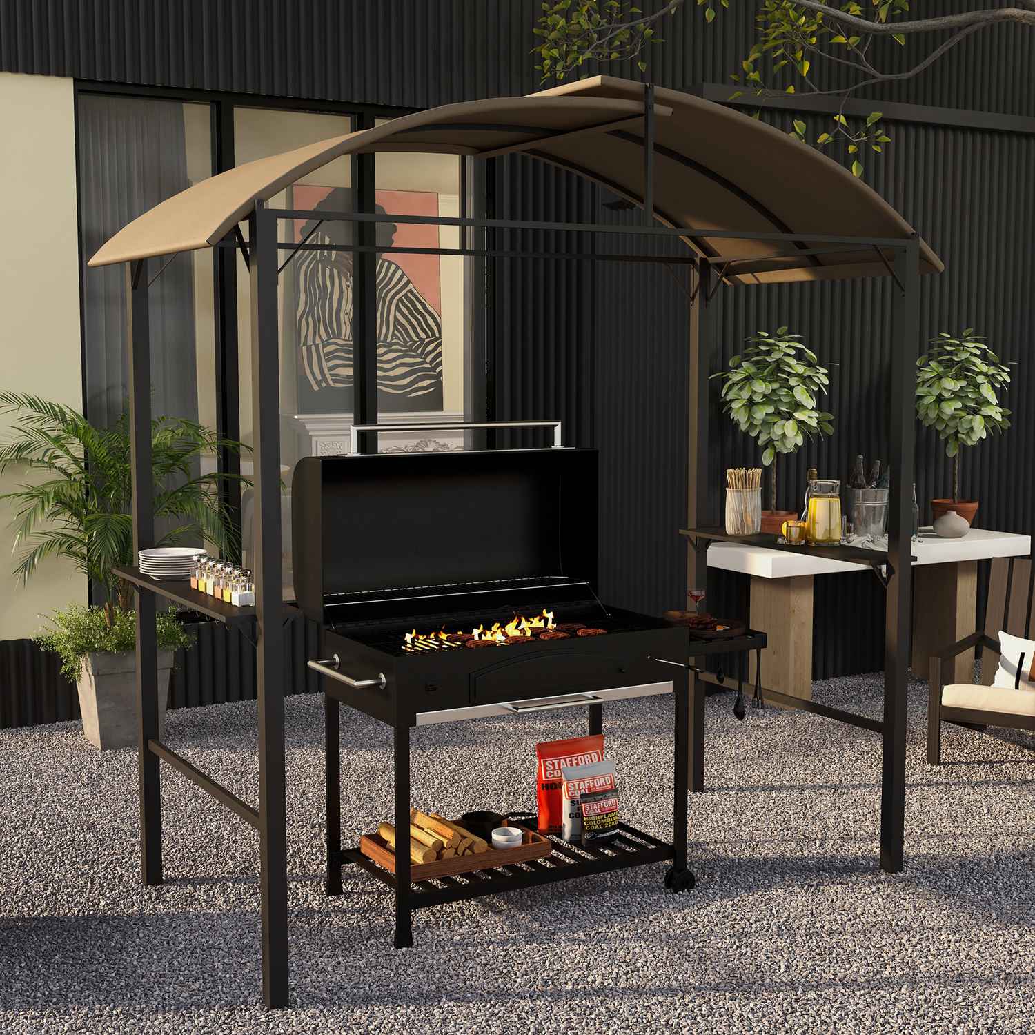 Väderbeständig BBQ Grill Gazebo – Khaki, stål, sidohyllor