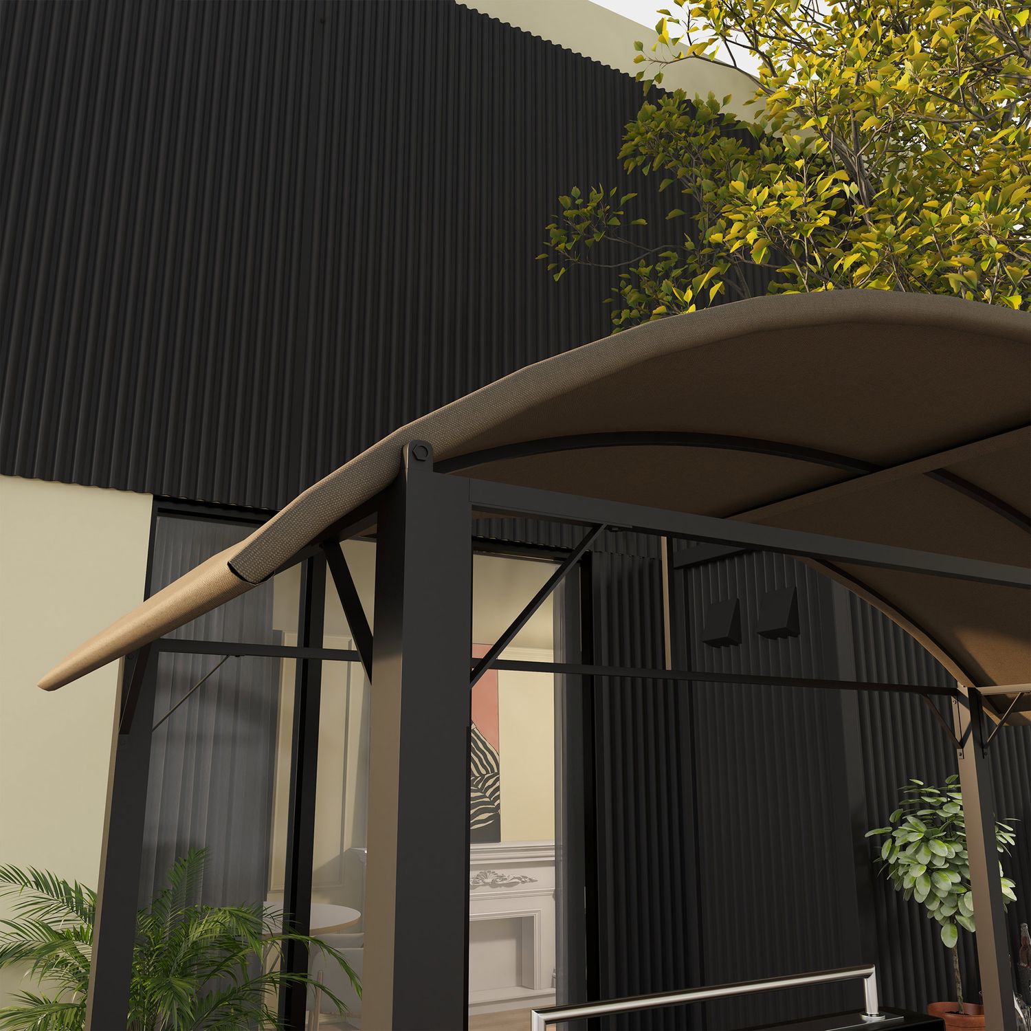 Väderbeständig BBQ Grill Gazebo – Khaki, stål, sidohyllor