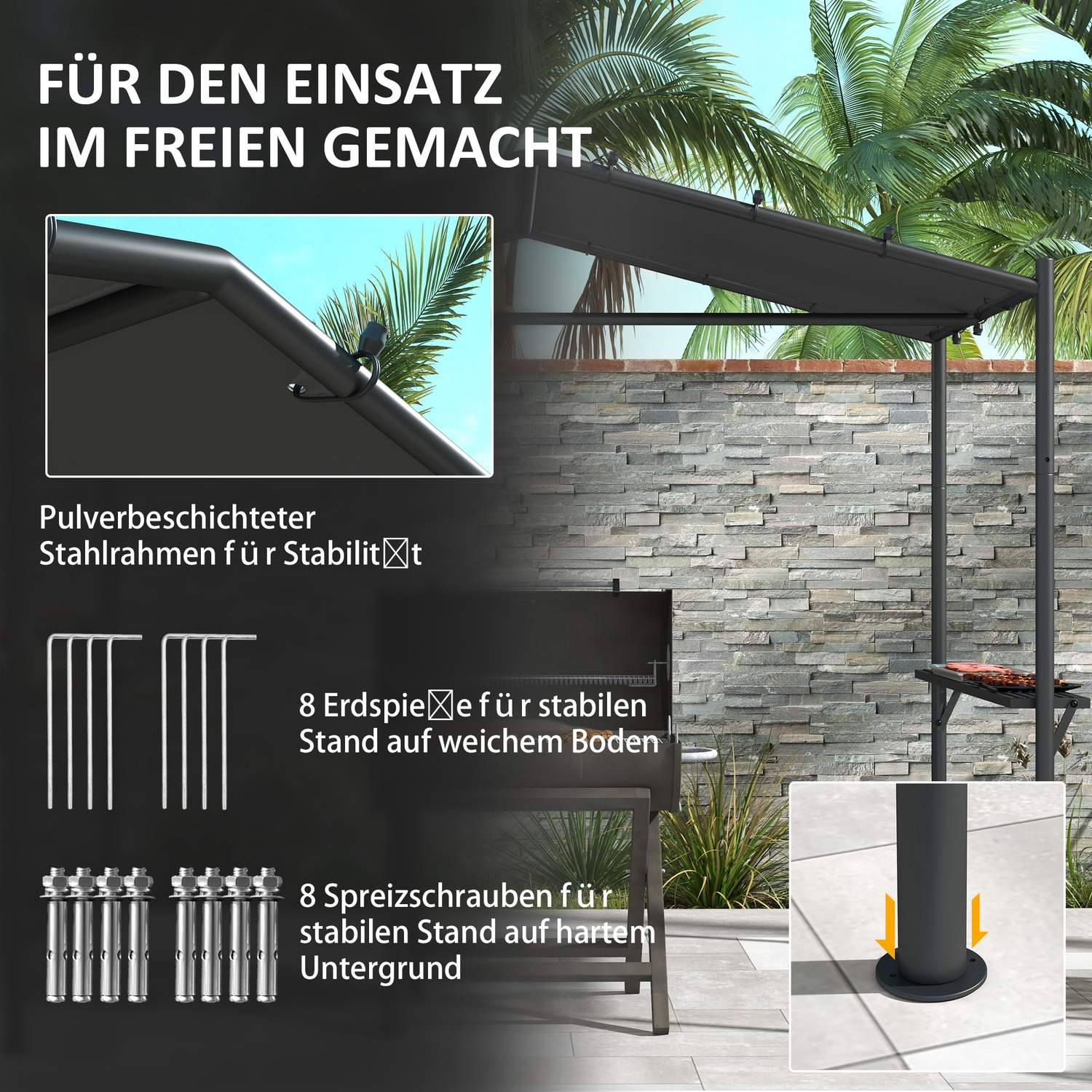 Väderbeständig grillpaviljong 3x1,5M med hyllor, stål