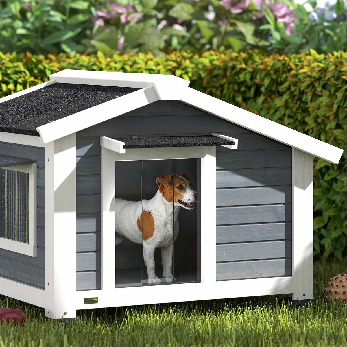 Väderbeständig hundkoja i trä med avtagbart golv, grå