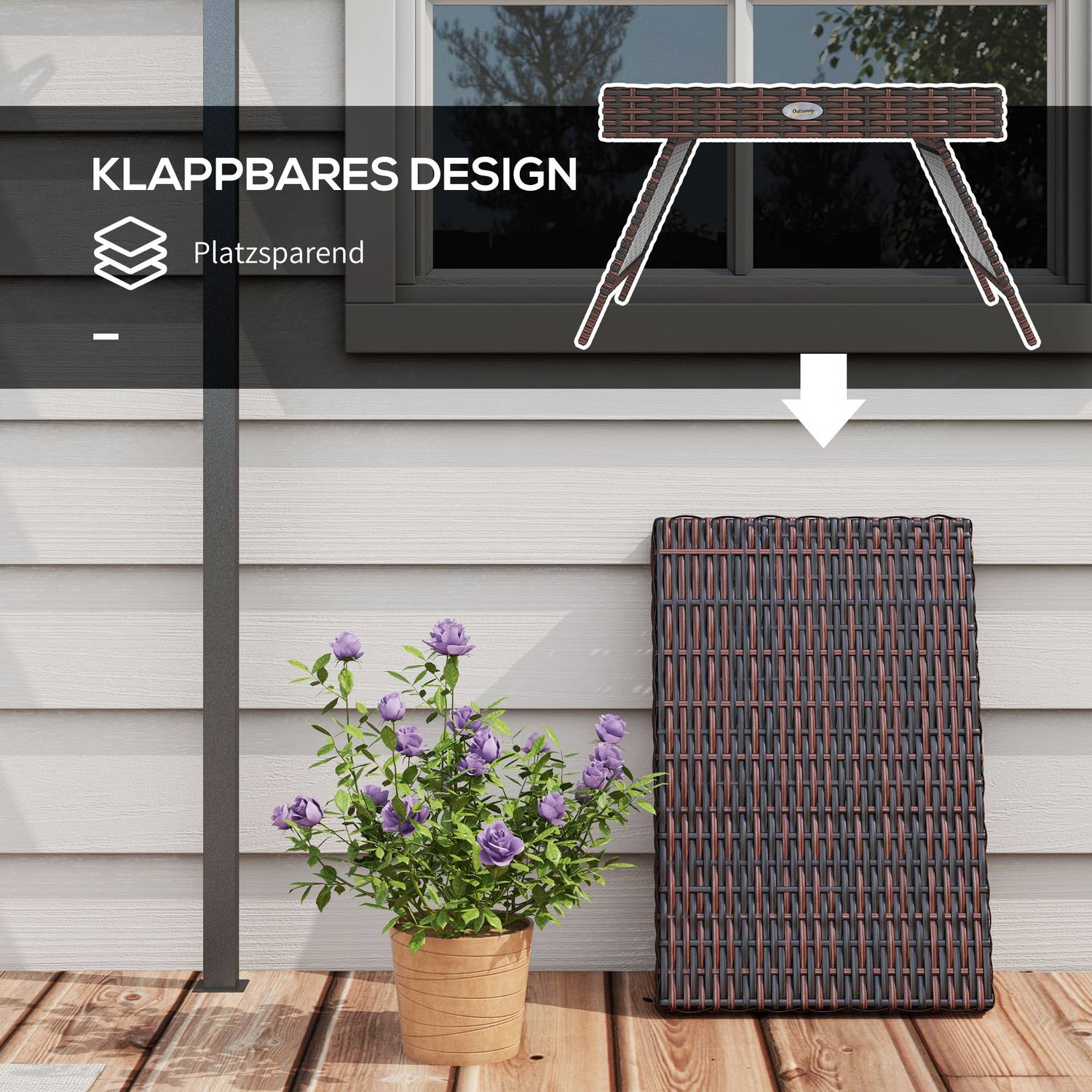 Väderbeständigt hopfällbart trädgårdsbord i rotting, brunt 60x41x41 Cm