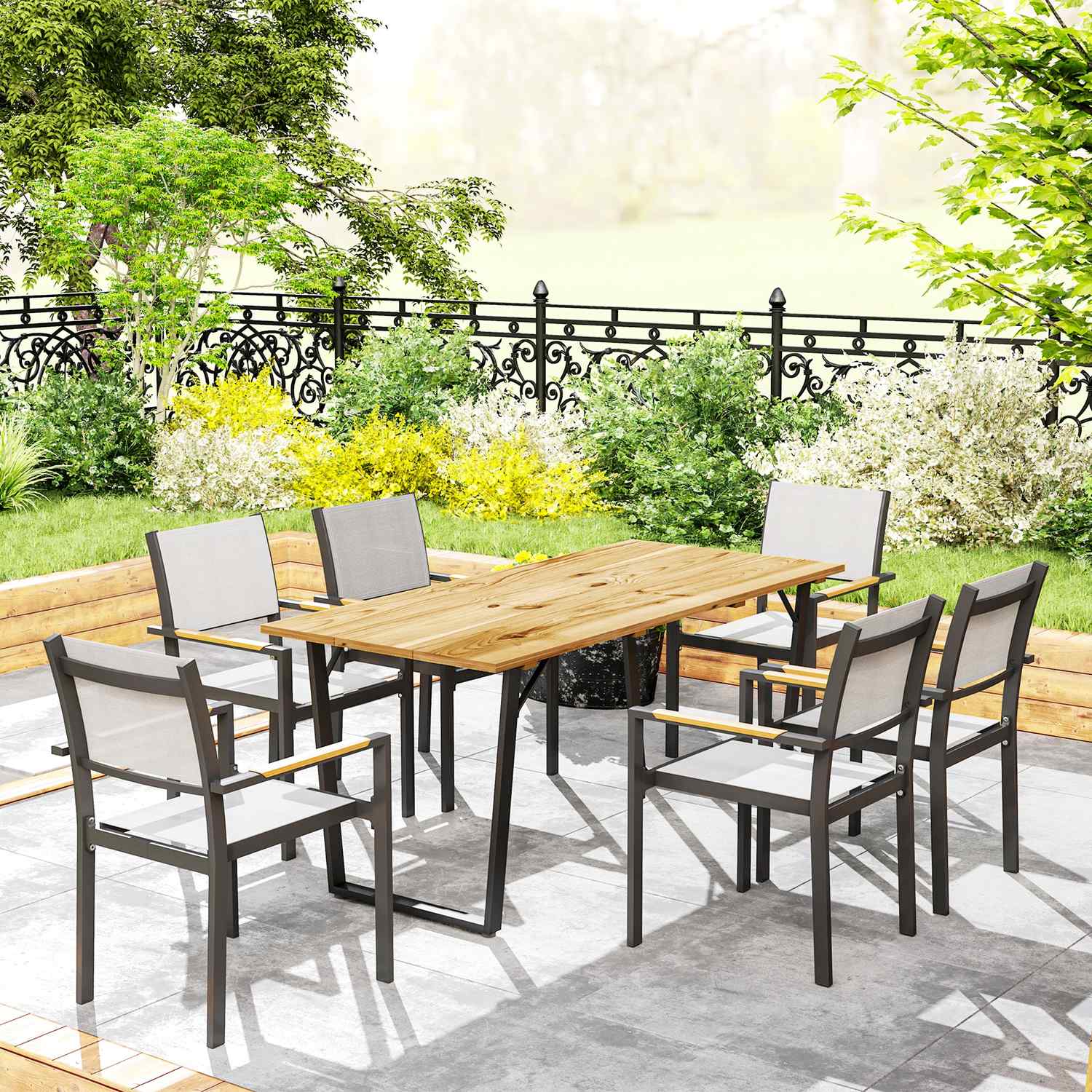 Väderbeständigt matbord i trä, 175x80 cm med paraplyhål