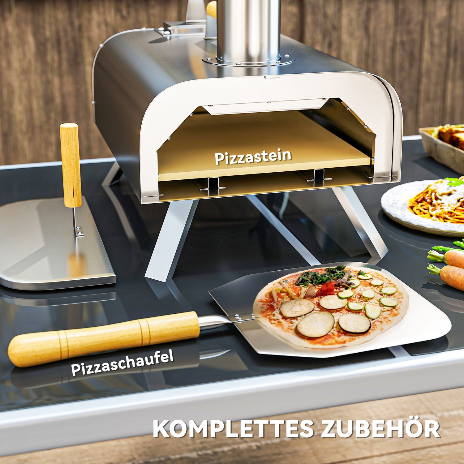 Vedeldad pizzaugn i rostfritt stål med sten, bärbar