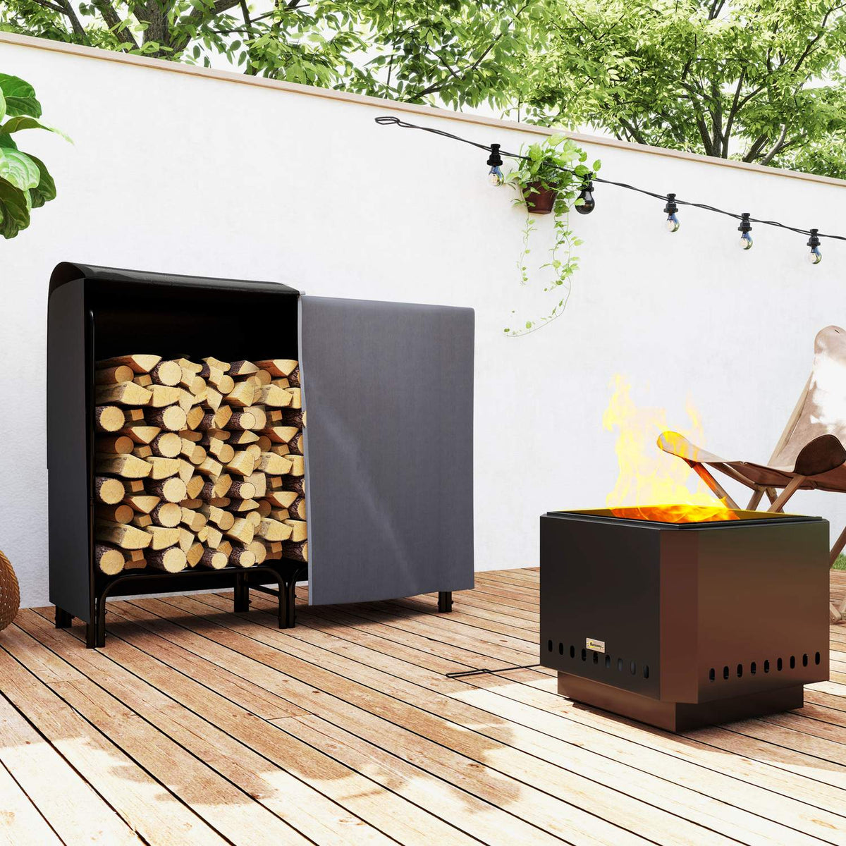 Houtopslagrek, 0,33 m³, met draagtas & deksel, metalen frame, tot 150 kg, 120 x 36 x 99 cm, zwart
