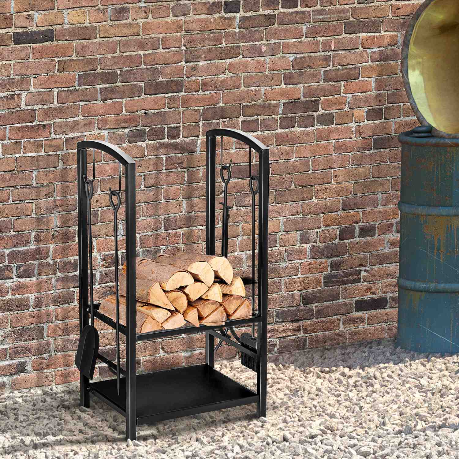Vedställ med bricka, 2-lagers spisverktyg, svart