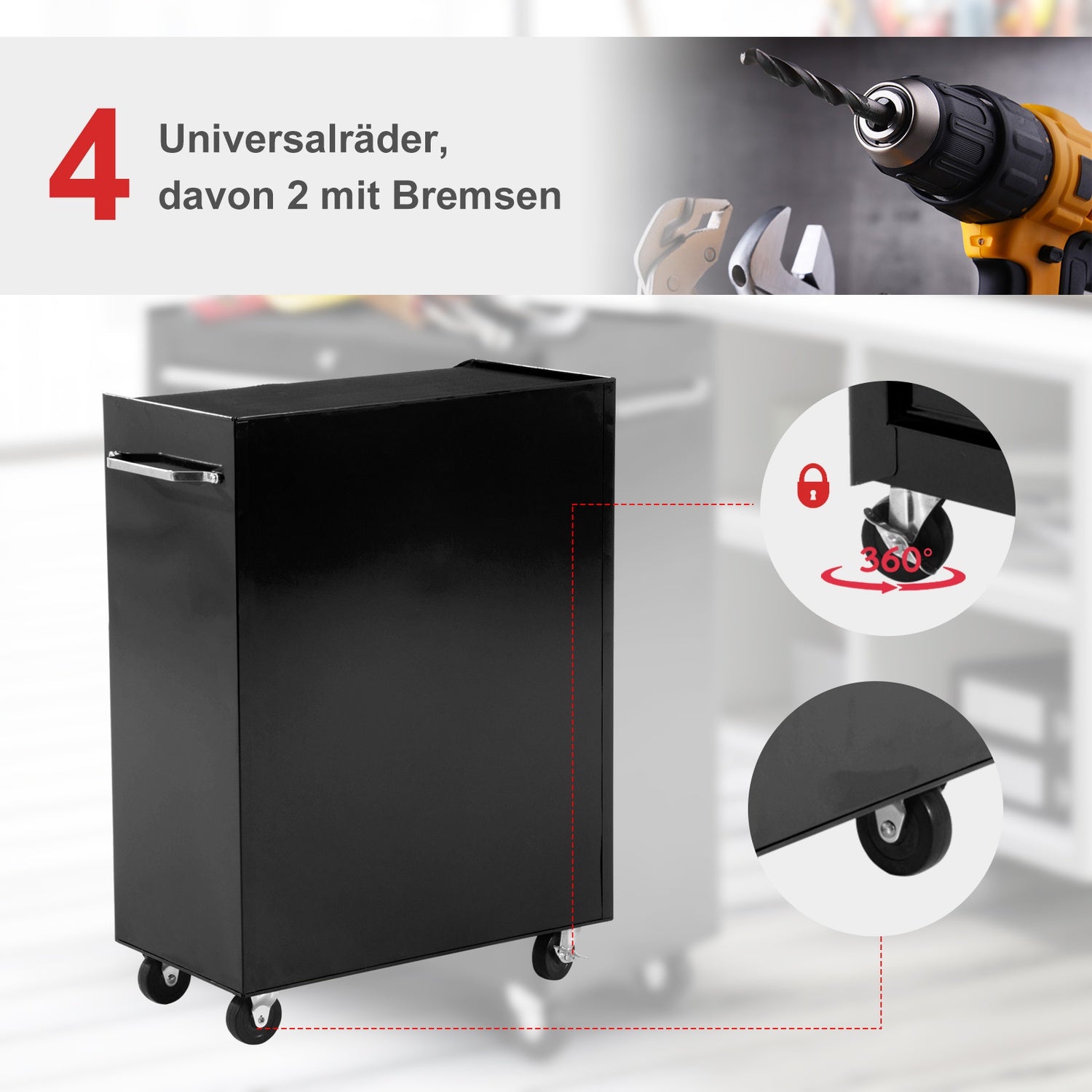 Låsbar svart verktygsvagn med 5 lådor & mattor