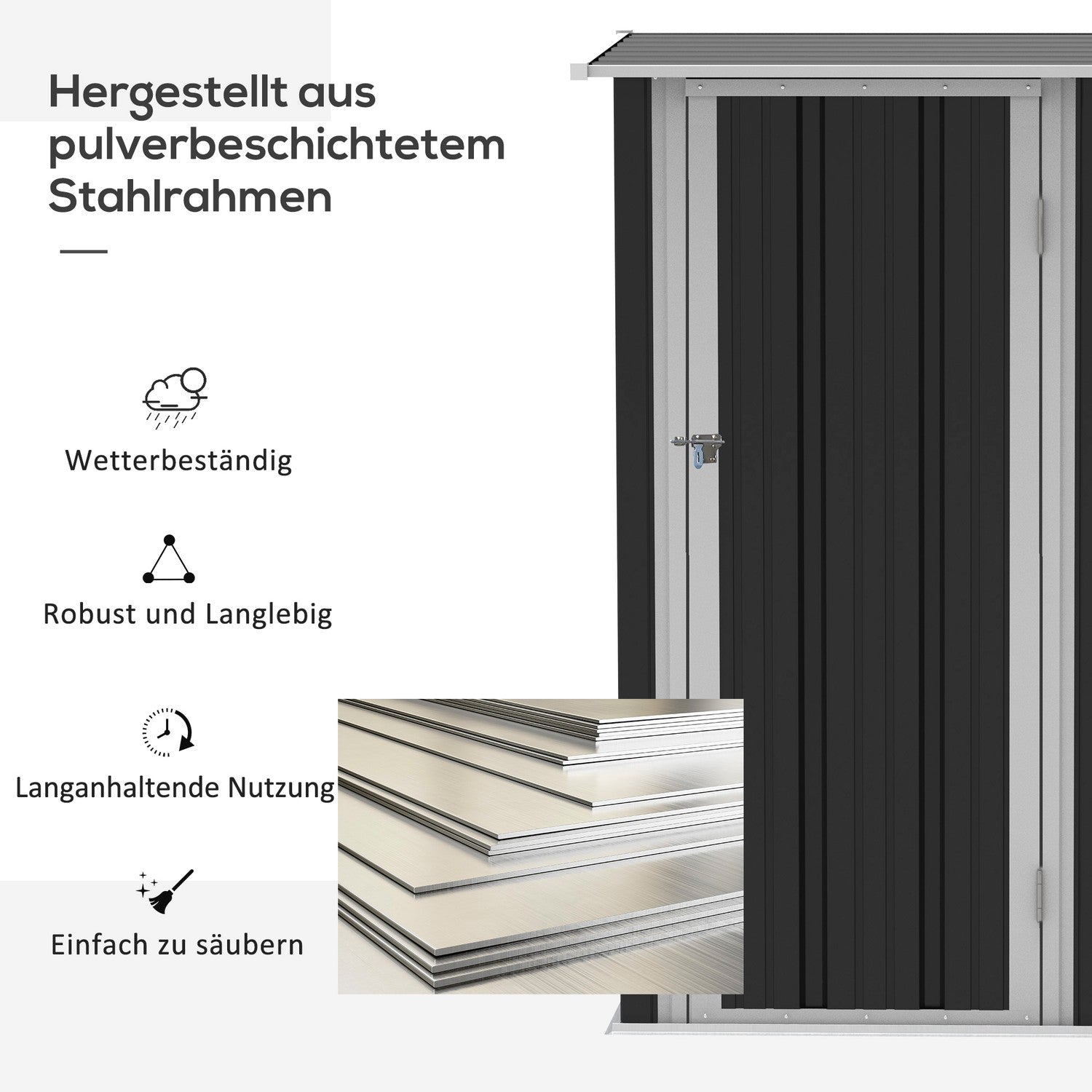 Utomhusredskapsbod i stål med dörr, mörkgrå – 142 x 84 x 189 cm