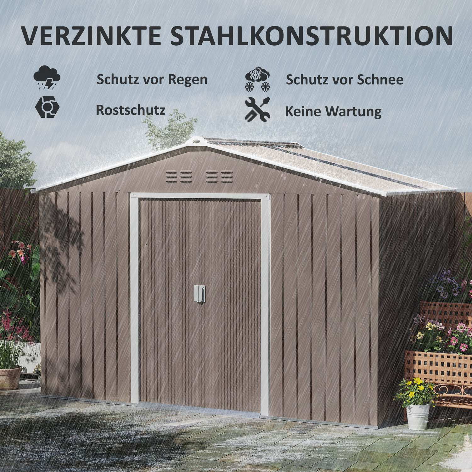 Verktygsskjul i galvaniserat stål, 4,9 m², låsbart och väderbeständigt