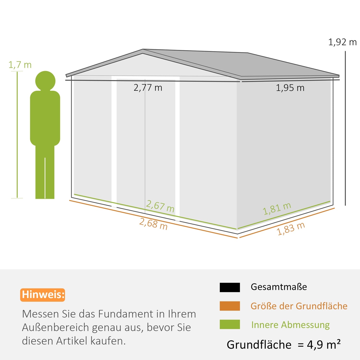 Verktygsskjul i galvaniserat stål, 4,9 m², låsbart och väderbeständigt