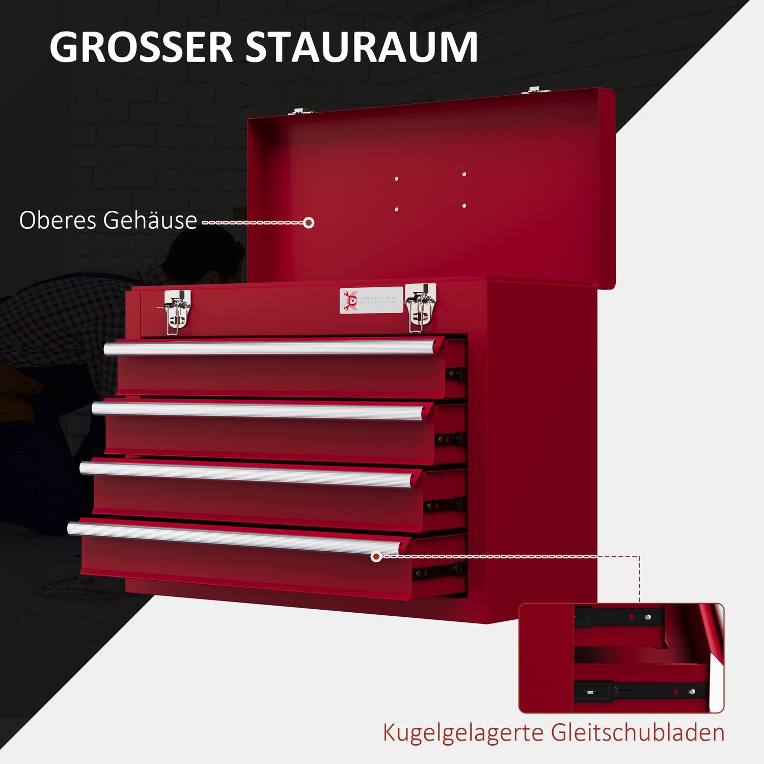 Verktygslåda i stål med lås, 4 lådor, toppförvaring, 51 cm