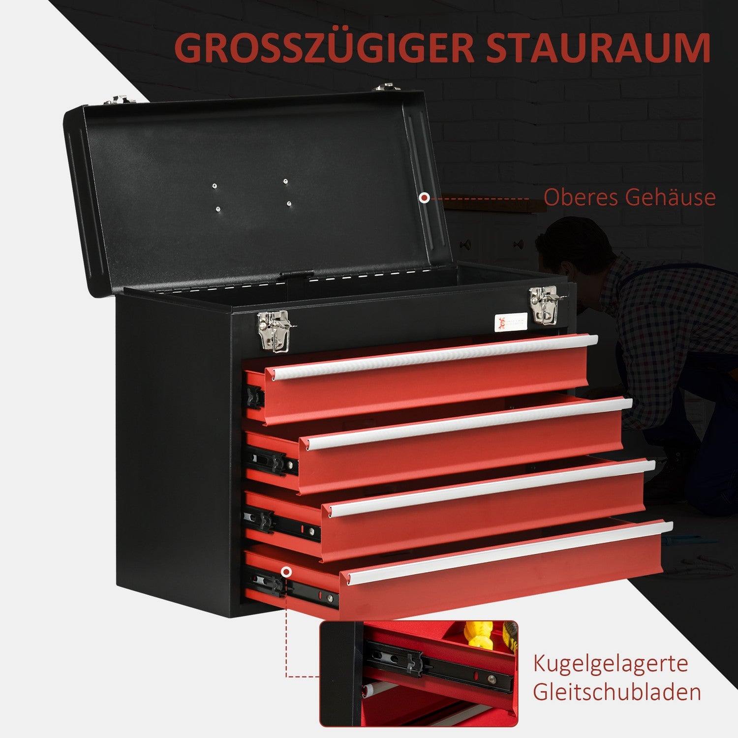 Verktygslåda med 4 lådor, stål, låsbar, svart/röd