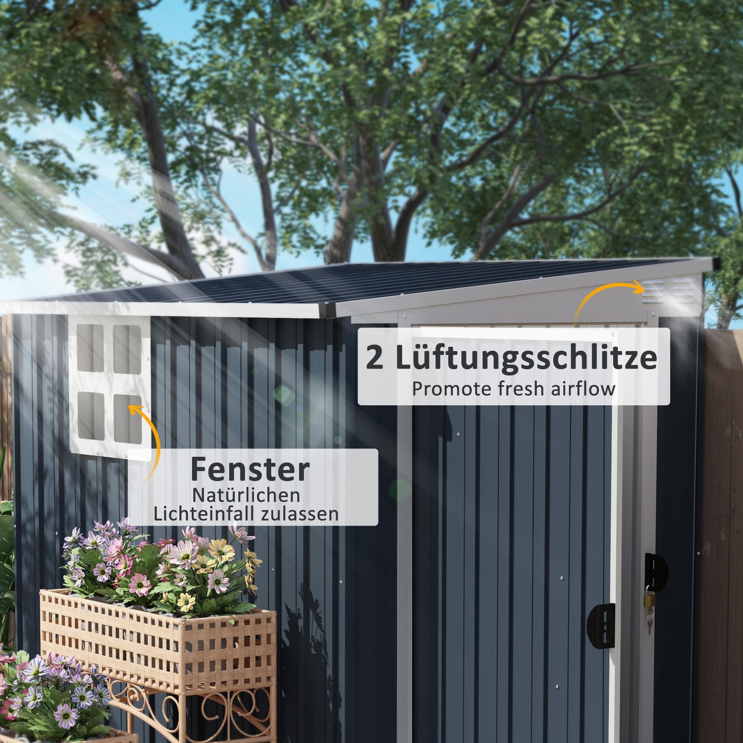 Verktygsskjul i metall 2,7 m² – väderbeständig med fönster och lås