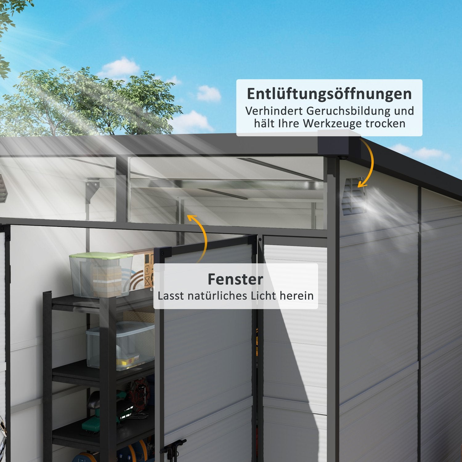 Verktygsskjul i plast – 3,24 m³, låsbar, väderbeständig, ljusgrå
