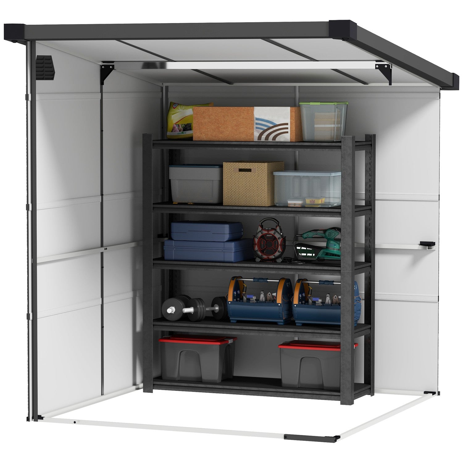 Verktygsskjul i plast – 3,24 m³, låsbar, väderbeständig, ljusgrå