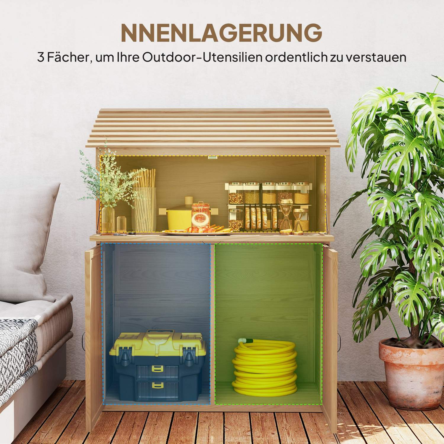 Verktygsskjul i trä med hopfällbar hylla, väderbeständig, naturligt trä