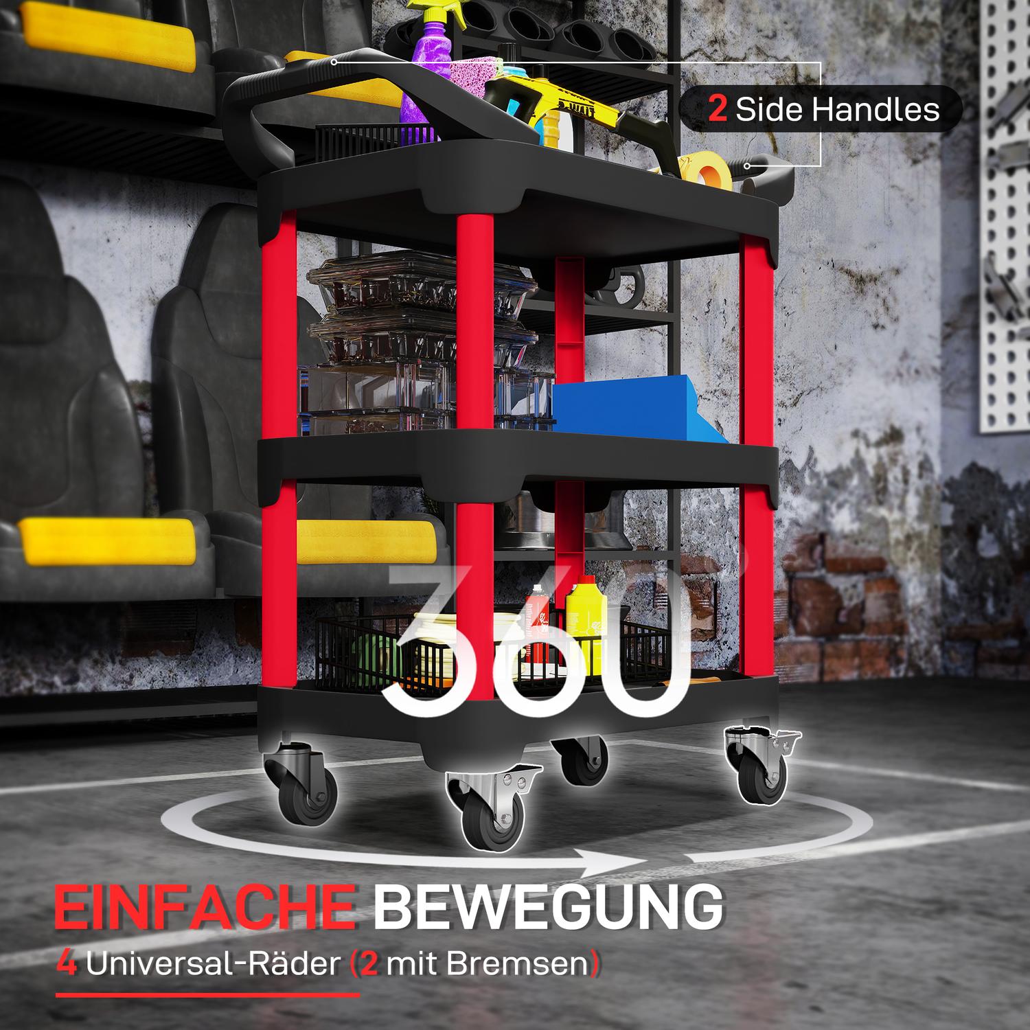 Verktygsvagn med 3 nivåer, sidohandtag, hjul, plast, svart