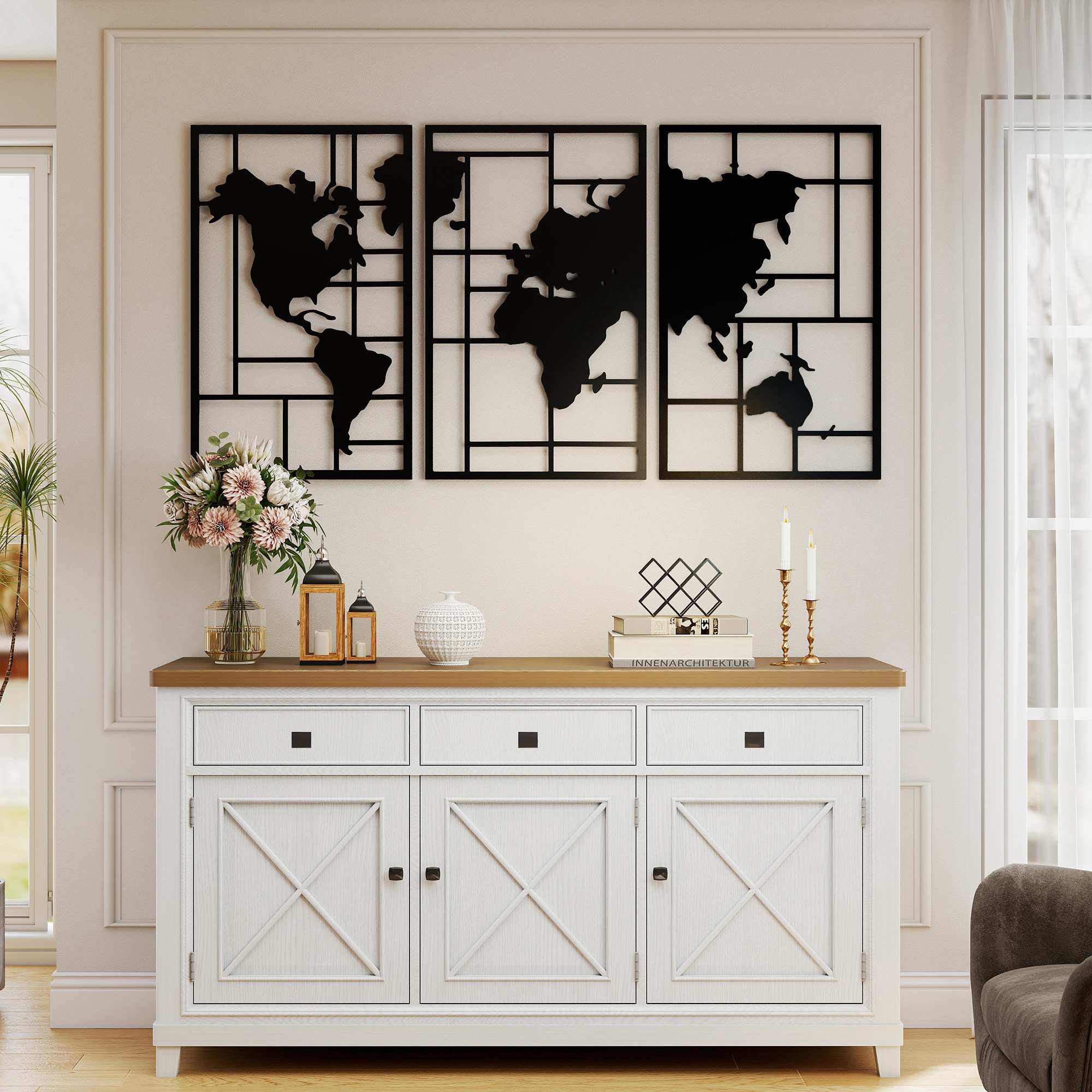 Väggdekorationsset i metall – 3-delad världskarta, 50x80 cm, svart