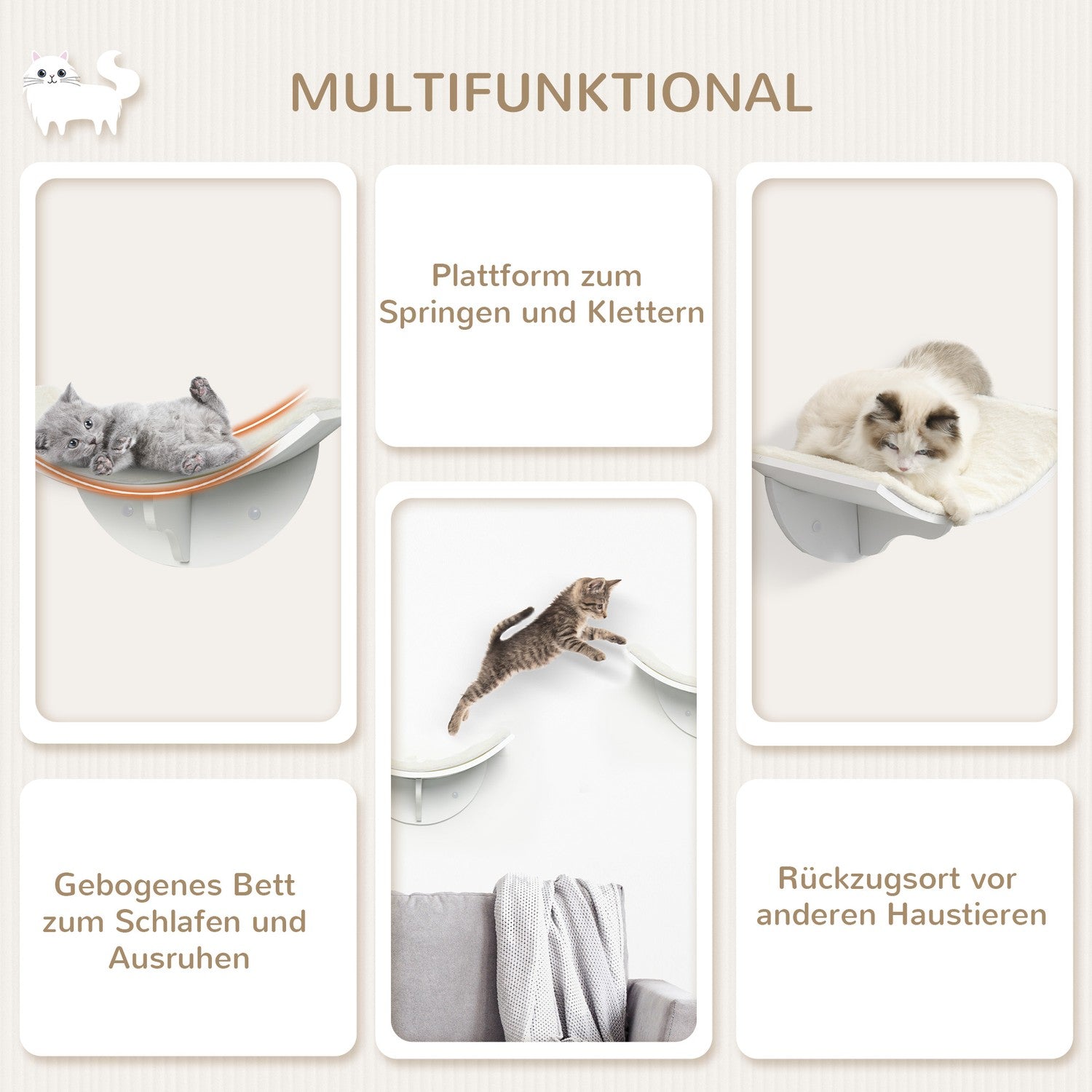 Väggmonterad kattsäng med plyschkudde, vit