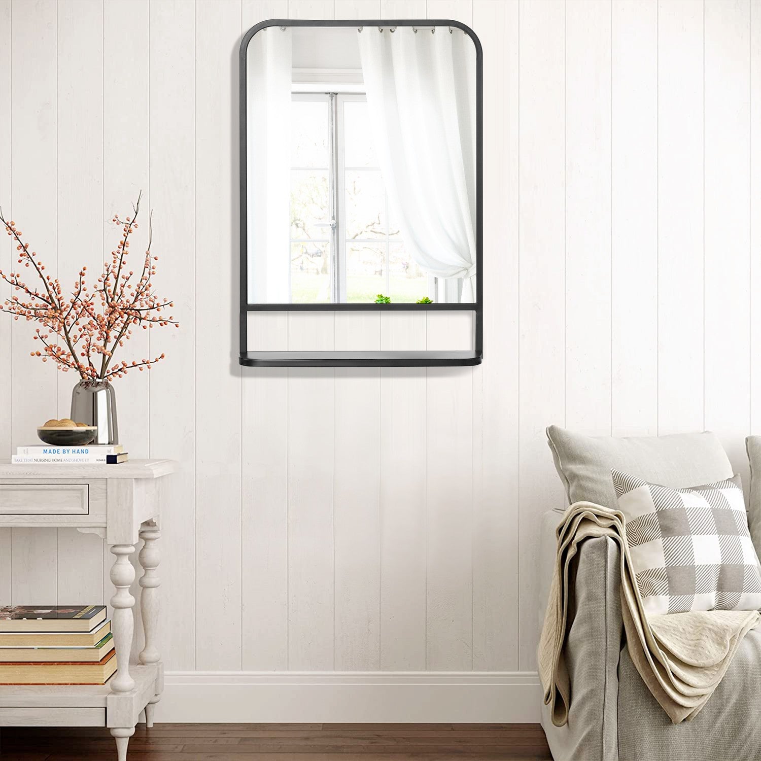 Väggspegel med hylla – 70x50cm, rektangulär, svart
