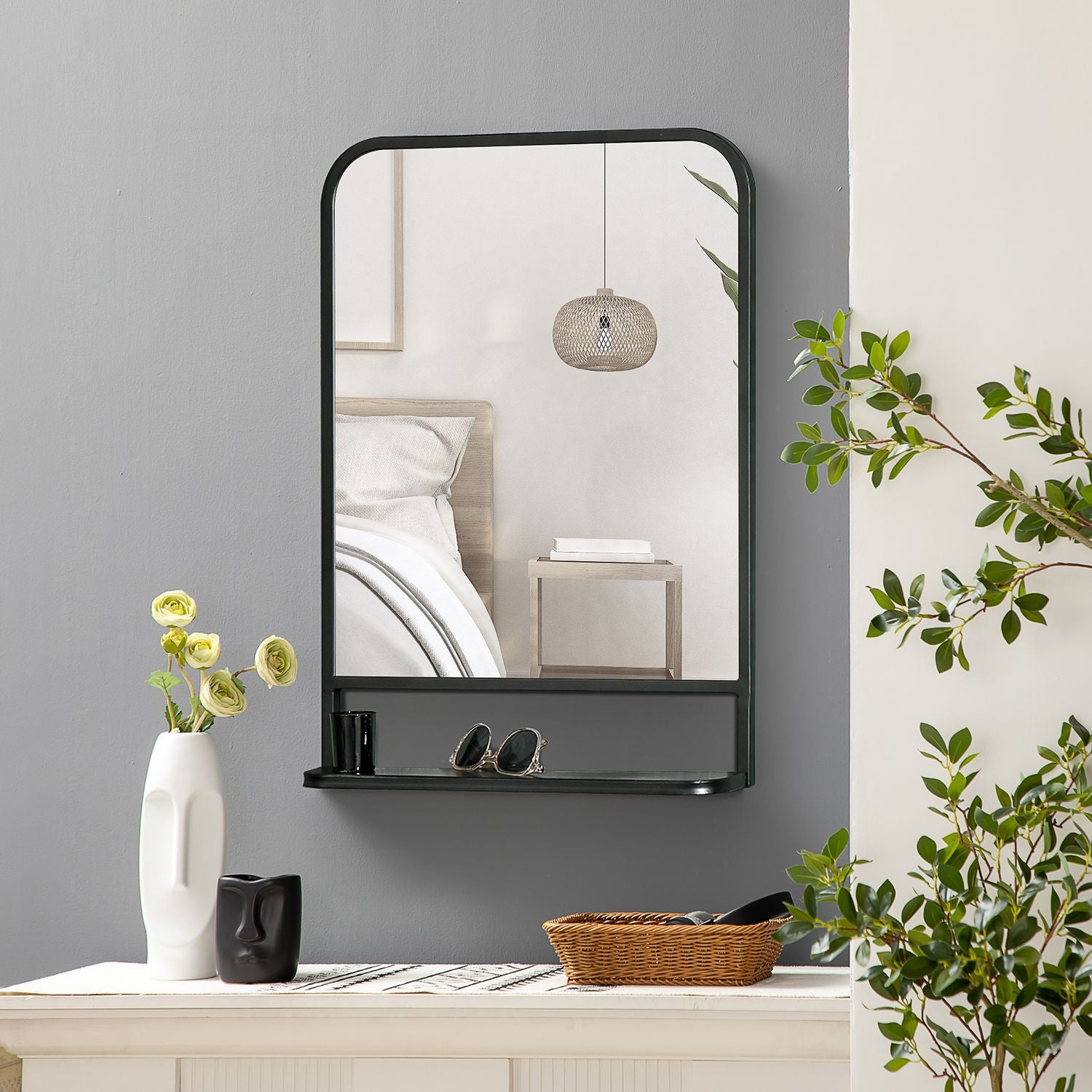 Väggspegel med hylla – 70x50cm, rektangulär, svart