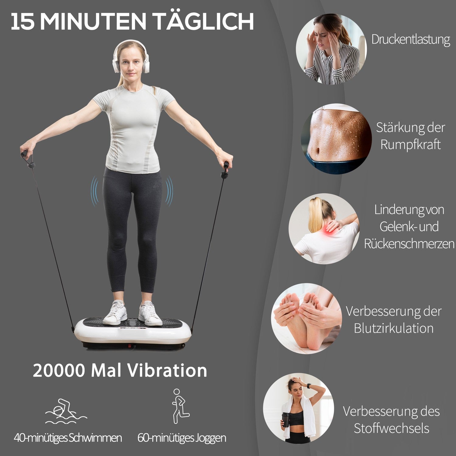 Vibrationsplatta med band – 200W, 99 nivåer, upp till 120 kg