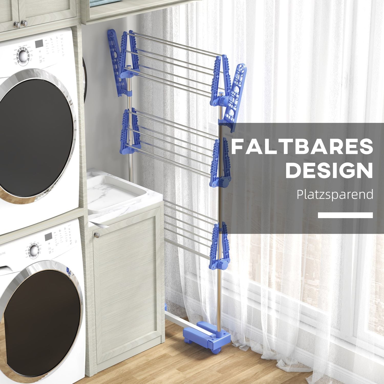 Vikbar 3-nivå torktumlare med hjul – stålblå