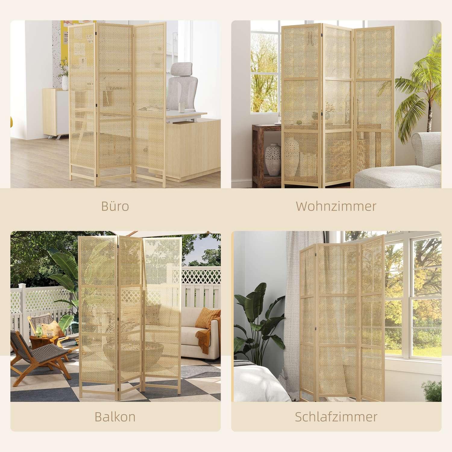 Vikbar 3-panels rumsavdelare i rotting – 135x180 cm Sekretessskärm