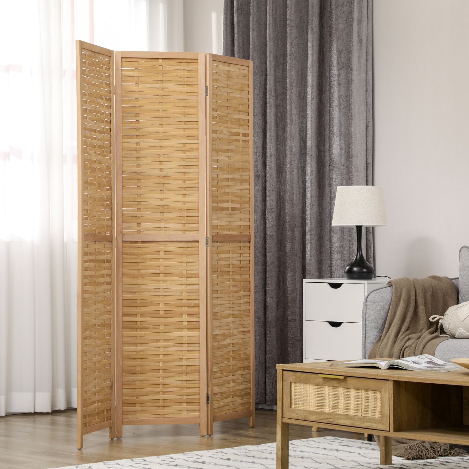 Vikbar rumsavdelare i bambu – 3-delad sekretessskärm 120x170cm