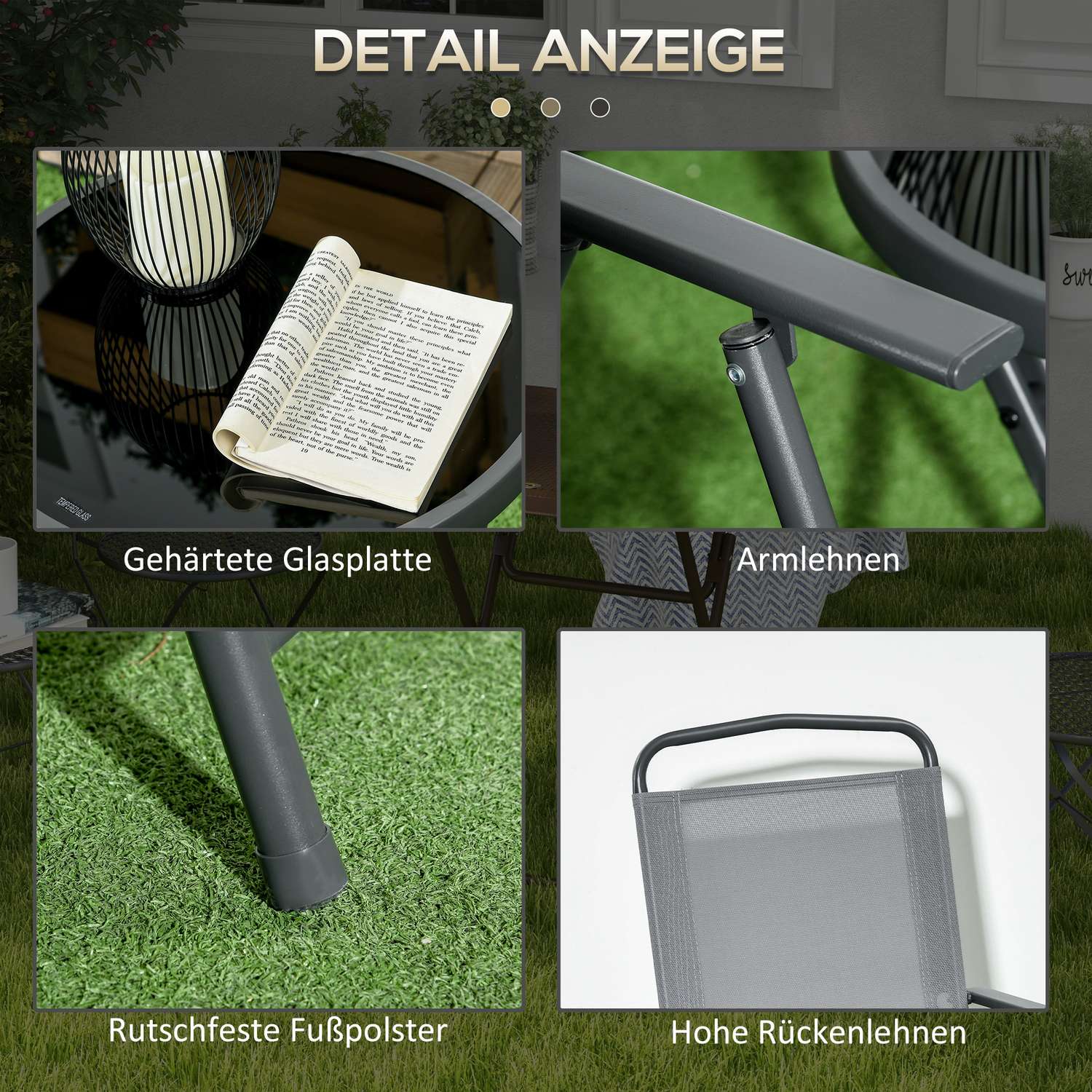 Vikbart bistroset – stål & mesh, ljusgrå – 3-delat