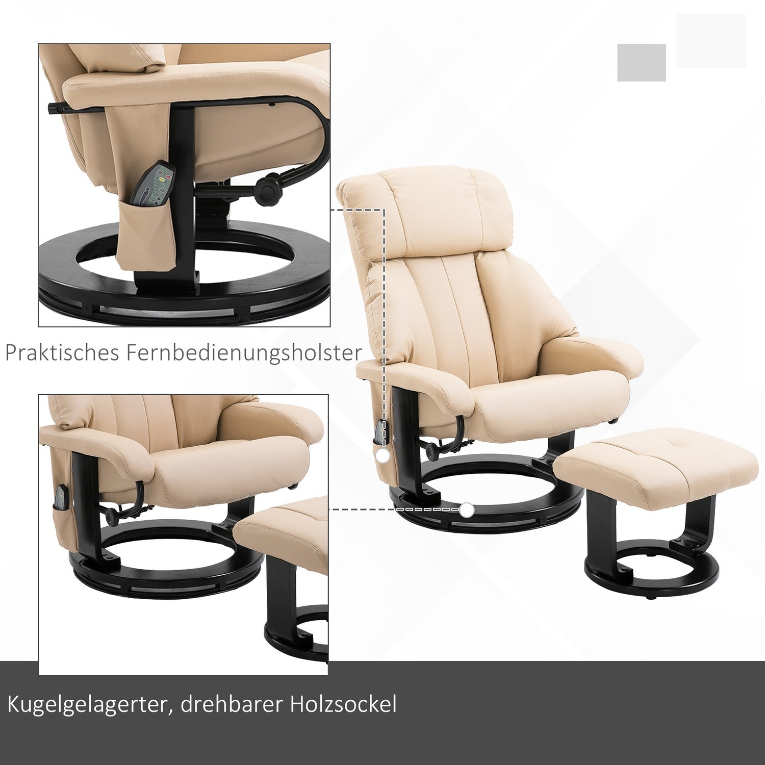 Beige Ergonomisk vilstol med massage & ottoman, 76x80x102 Cm