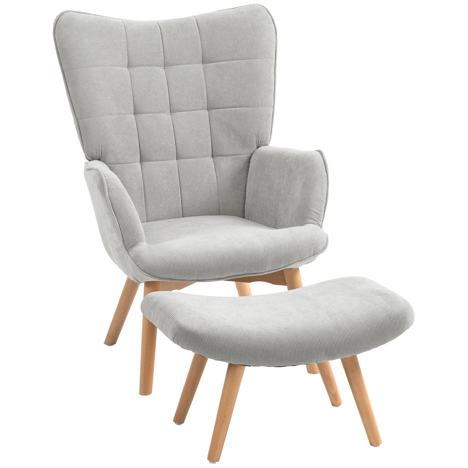 Grå Corduroy Wing Chair med Ottoman – Avslappningsfåtölj