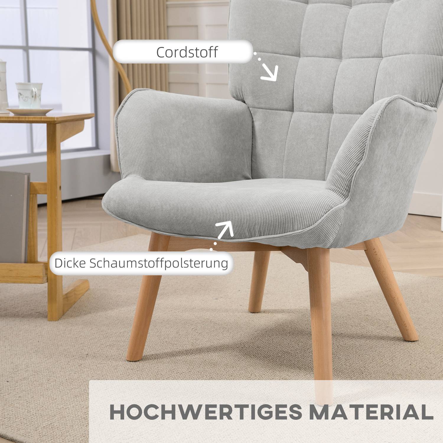 Grå Corduroy Wing Chair med Ottoman – Avslappningsfåtölj