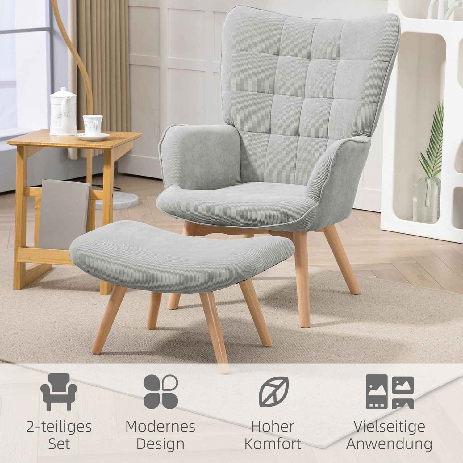 Grå Corduroy Wing Chair med Ottoman – Avslappningsfåtölj