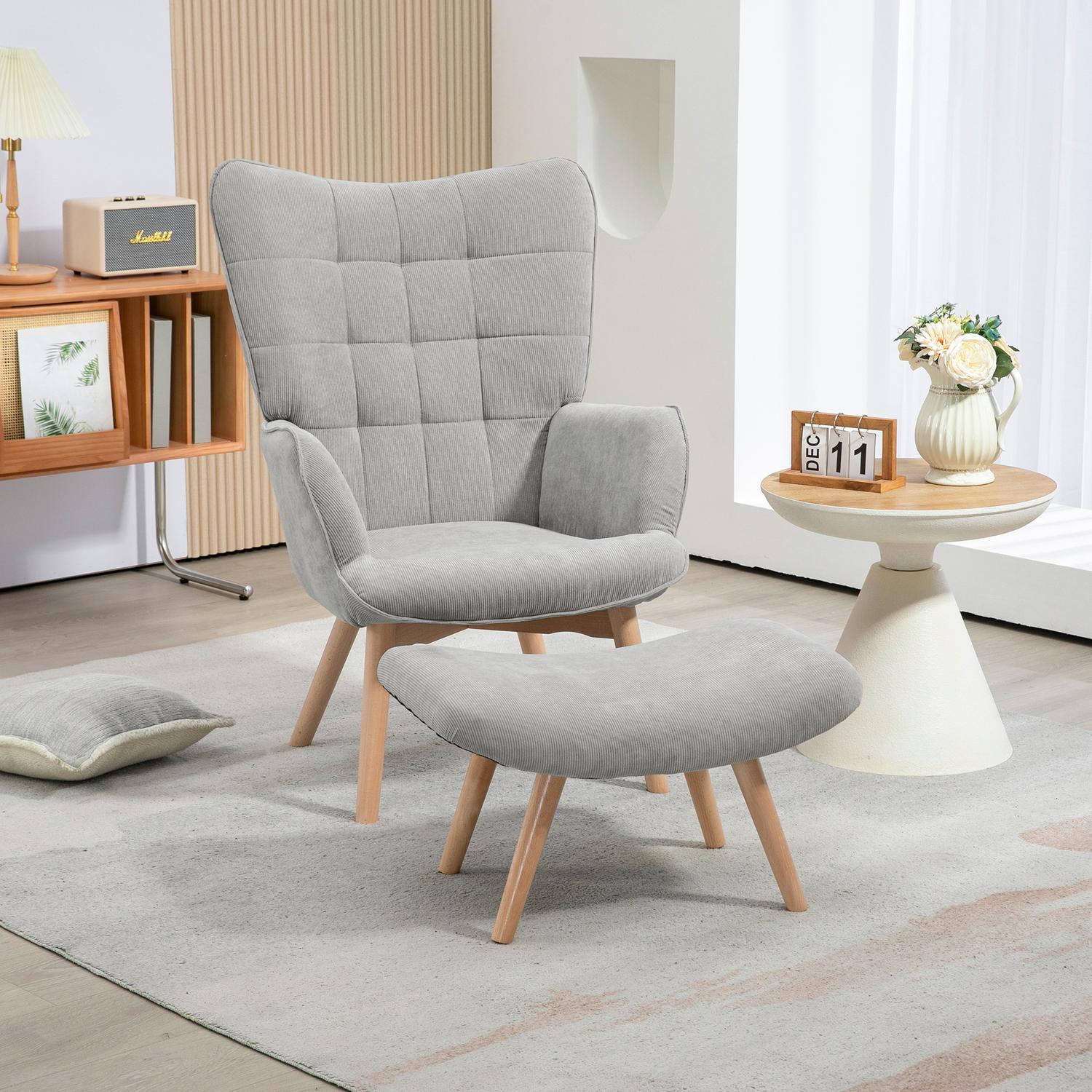 Grå Corduroy Wing Chair med Ottoman – Avslappningsfåtölj