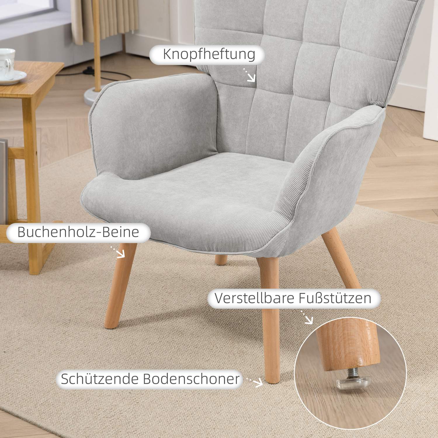 Grå Corduroy Wing Chair med Ottoman – Avslappningsfåtölj