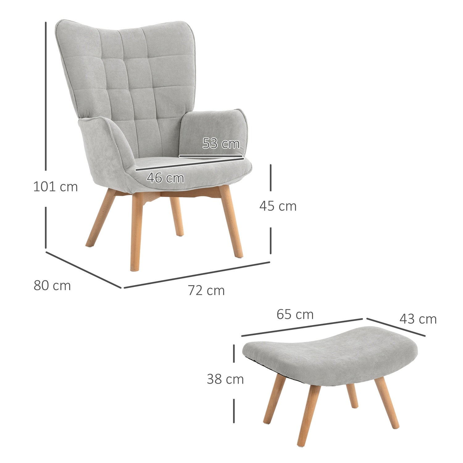 Grå Corduroy Wing Chair med Ottoman – Avslappningsfåtölj