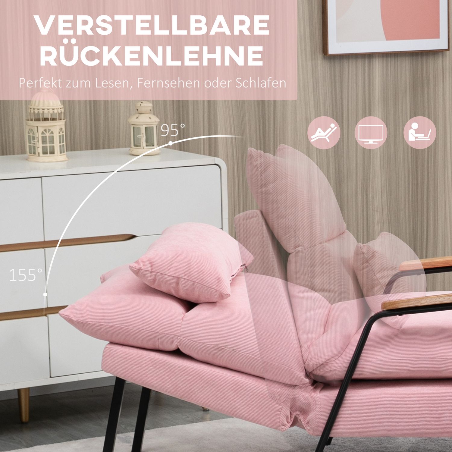 Vingestol med pall, lutande ryggstöd, rosa klädsel