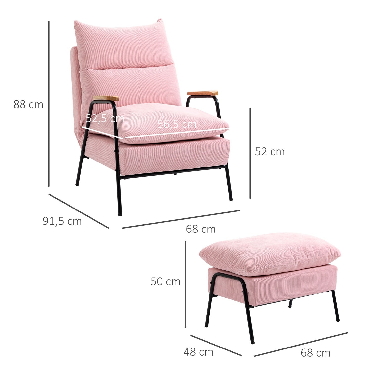 Vingestol med pall, lutande ryggstöd, rosa klädsel