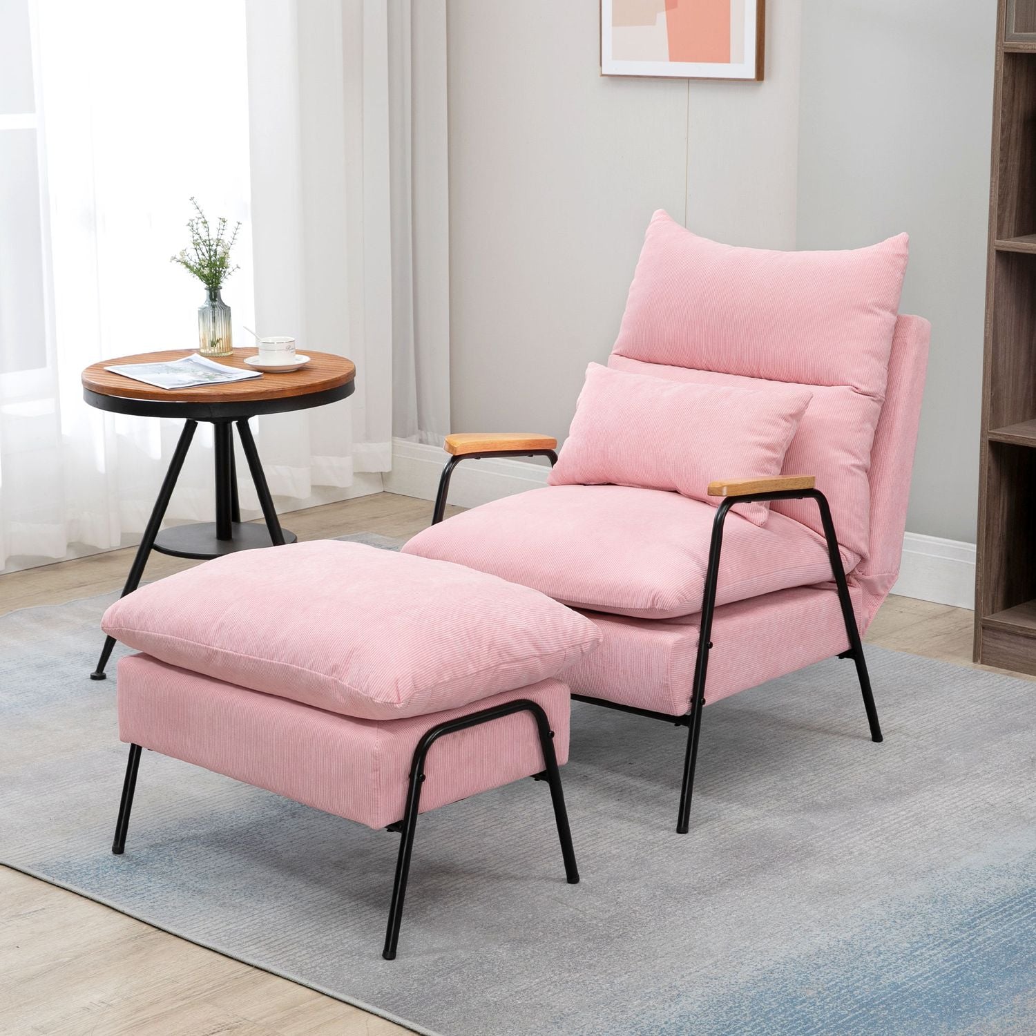 Vingestol med pall, lutande ryggstöd, rosa klädsel